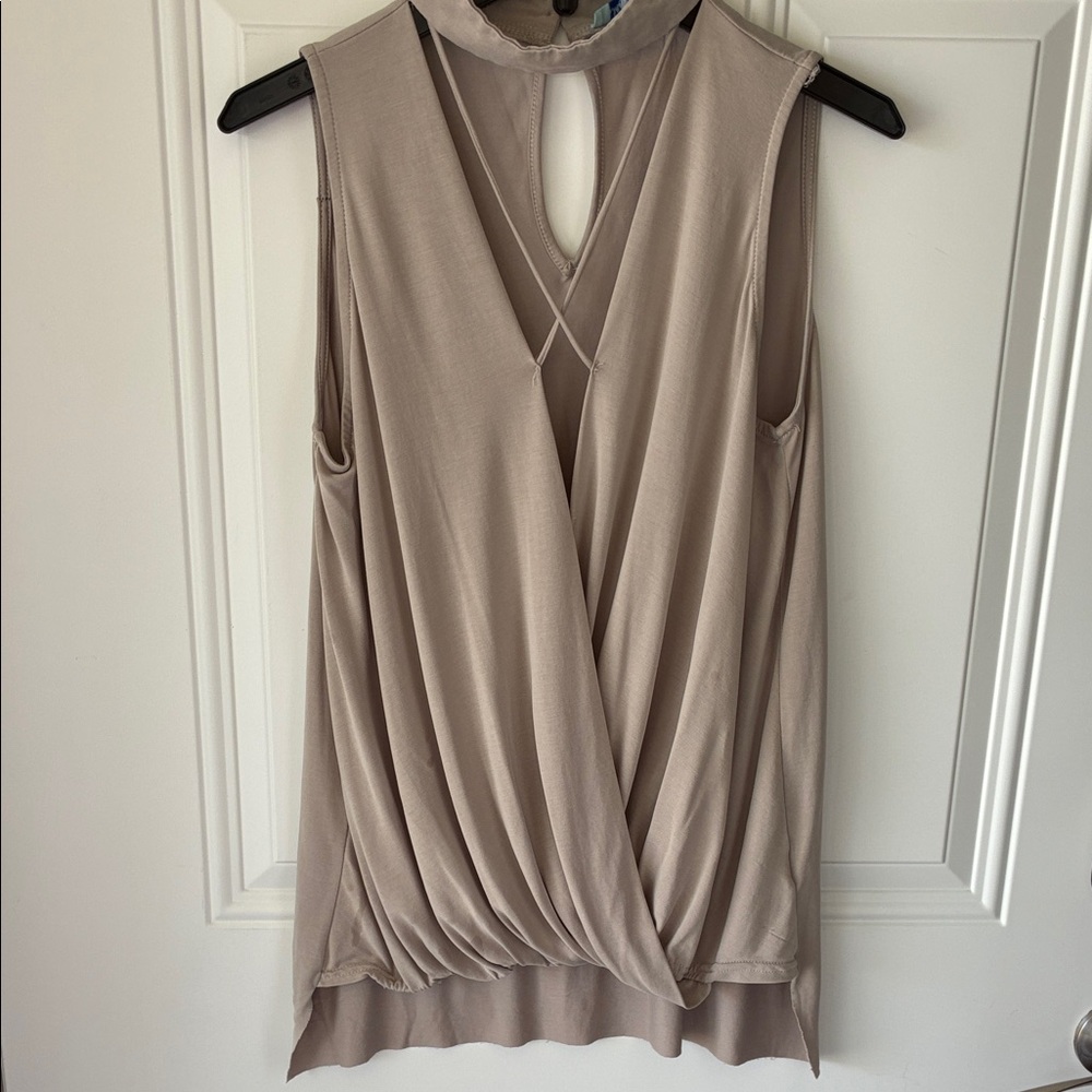 She + Sky Taupe Sleeveless V-Neck Wrap Tank